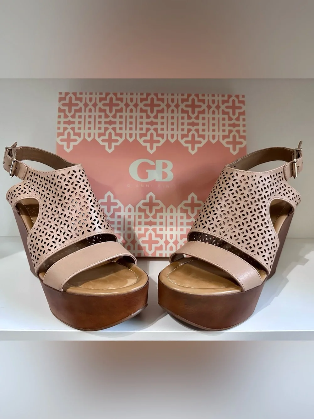 Gianni Bini Beige/Tan Perforated Wedge Sandals